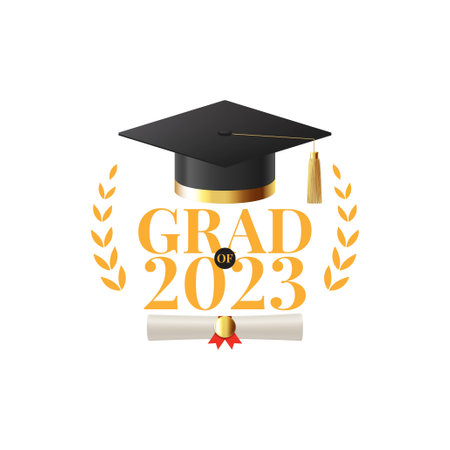 Vector symbol for graduation 2023. Vector illustration with for graduation 2023. Label class of 2023. Grad ceremony symbol with realistic mortar cap and scroll.のイラスト素材