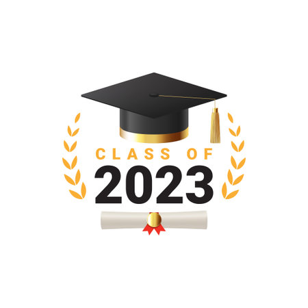Vector for graduation 2023. Vector illustration with symbol for graduation 2023. Label class of 2023. Grad ceremony symbol with realistic mortar cap and scroll.のイラスト素材