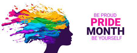 Vector banner for Pride Month. Colorful vector illustration with silhouette of head of woman with splash of liquid on head. LGBTQ banner. Human rights, freedom and tolerance concept. LGBT poster.のイラスト素材