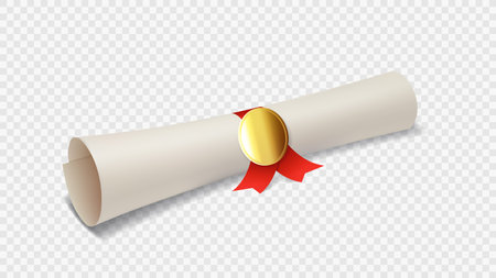 Graduation or diploma scroll with red ribbon. Vector illustration of graduation degree scroll with golden medal isolated on checkered background. Realistic element for decoration poster, banner.のイラスト素材