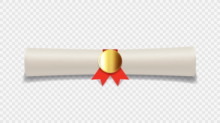 Diploma or graduation scroll with red ribbon. Vector illustration of graduation degree scroll with golden medal isolated on checkered background. Realistic element for decoration poster, banner.のイラスト素材