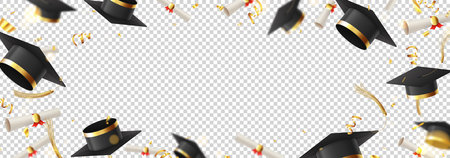 Template for decorative design of graduation. Falling graduation caps and scrolls, golden confetti and serpentine on checkered background. Vector illustration for decoration social media, posters.の写真素材