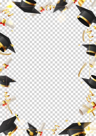 Decorative poster for graduation. 3d falling graduation scrolls and caps, golden confetti and serpentine, frame on checkered background. Vector illustration for social media decoration, banners.のイラスト素材