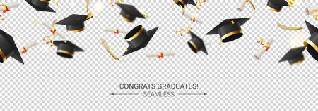 Decorative seamless banner for graduation. 3d falling graduation scrolls and caps, golden confetti and serpentine on checkered background. Vector illustration for decoration social media, posters.のイラスト素材