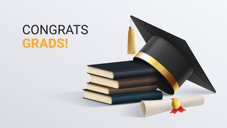 Greeting banner for design of graduation. 3d graduation cap, books, and graduation scroll. congratulations graduates. Vector illustration for social media decoration, banners, posters.のイラスト素材