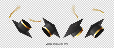 Falling graduation caps in air. Vector illustration with 3d black academic hats with golden rope tassel isolated on checkered background. Set of 3d elements for decoration of degree ceremony.のイラスト素材