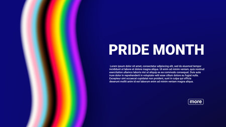 Pride month banner concept. Vector illustration with new progressive Pride flag isolated on dark blue background. Template of web page for Pride Month events. LGBTQ banner. progressive rainbow.のイラスト素材