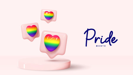 Pride month banner template. 3d icons of notifications for social media with rainbow hearts on podium. Concept of LGBTQ banner for promotion goods. vector illustration.のイラスト素材