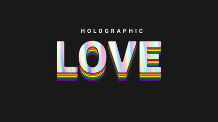 LGBT Pride Month vector banner. Holographic word Love with rainbow colors. concept of diversity. Retro 3d holographic sticker for decoration LGBTQ events. Rainbow shiny emblem. vector illustration.のイラスト素材