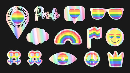 Set of holographic stickers for Pride Month. Holographic sticker pack. concept of diversity. Retro 3d holographic stickers for decor LGBTQ events. vector illustration.のイラスト素材