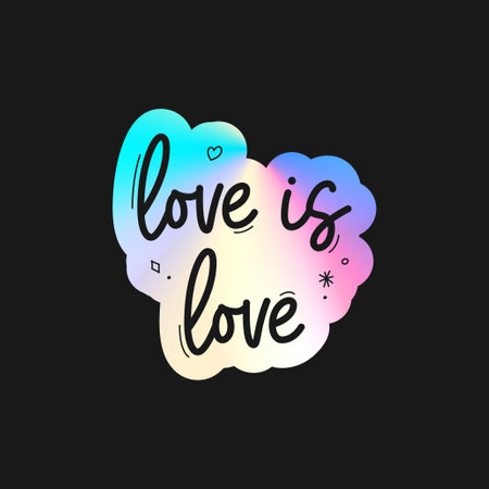 Holographic sticker love is love. Holographic stickers with text quote for Pride Month. Holographic sticker for LGBT event with lettering isolated on black background. vector illustration.のイラスト素材