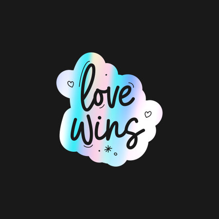 Holographic sticker love wins. Holographic stickers with text quote for Pride Month. Holographic sticker for LGBT event with lettering isolated on black background. vector illustration.のイラスト素材