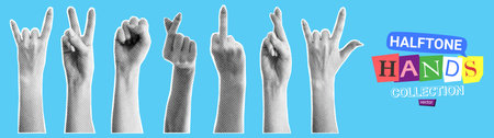 Set of halftone hands. Vector illustration with gestures of hands with halftone effects for decoration of retro banners and vintage posters. Collection of collage elements.の写真素材