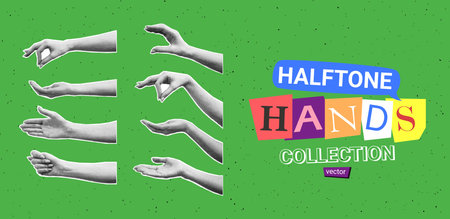 Set of halftone hands. Vector illustration with gestures of hands with halftone effects for decoration of retro banners and vintage posters. Collection of collage elements.の写真素材