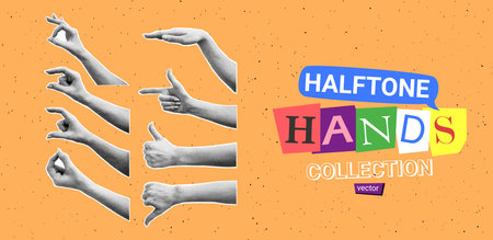 Collection of halftone hands. Vector illustration with gestures of hands with halftone effects for decoration of retro banners and vintage posters. Set of collage elements.の写真素材