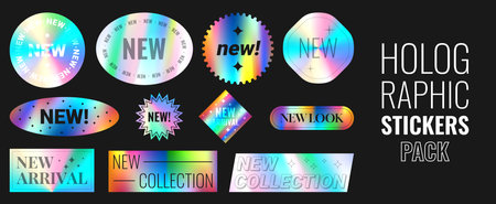 Set of holographic stickers for new products. Vector illustration with iridescent foil adhesive film. Holography labels for new products and collections. Gradient stickers for mark new arrivals.のイラスト素材