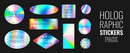 Set of holographic stickers for original products. Vector illustration with iridescent foil adhesive film. Holography labels for quality products. gradient stickers.のイラスト素材