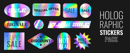 Set of holographic stickers for sale. Vector illustration with iridescent foil adhesive film. Holographic labels for hot deal and super sale. Gradient stickers for mark discounts.のイラスト素材