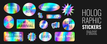 Set of holographic stickers for sale. Vector illustration with iridescent foil adhesive film. Holographic labels for hot deal and super sale. Gradient stickers for mark discounts.のイラスト素材