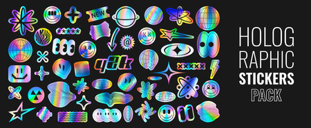 Set of holographic retro futuristic stickers. Vector illustration with iridescent foil adhesive film with symbols and objects in y2k style. Holographic futuristic labels.のイラスト素材