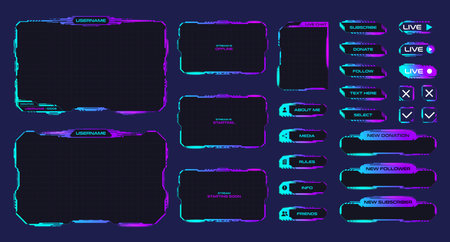 Game stream frames or panels. Futuristic frames for live gaming streamers. Glowing hud frames for streaming media or broadcasts. Sci fi modern user interface elements. vector illustration.のイラスト素材
