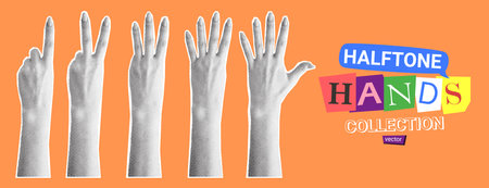 Set of halftone hands. Vector illustration with gestures of hands with halftone effects for decoration of retro banners and vintage posters. Collection of collage elements.のイラスト素材