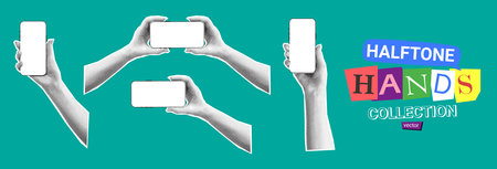 Set of halftone hands with smartphone. Vector illustration with hands holding phones with halftone effects for decoration of retro banners and vintage posters. Collection of collage elements.のイラスト素材