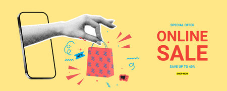 Retro banner for online sale. Vector illustration with hand coming out of phone and holding paper bag. Collage with paper cut elements for decoration sale events. creative trend collage.のイラスト素材