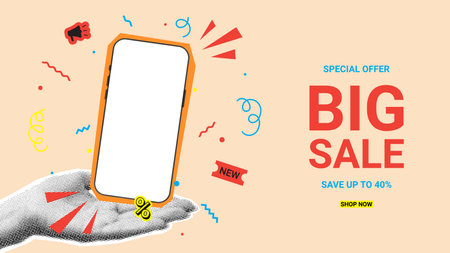 Retro banner for big sale. Vector illustration with hand holding phone. Collage with paper cut elements for decoration sale events. creative trend collage.のイラスト素材