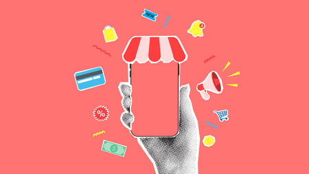 Online shopping concept banner. Vector illustration with hand holding phone. Collage with paper cut elements for decoration sale events. creative trend collage.のイラスト素材