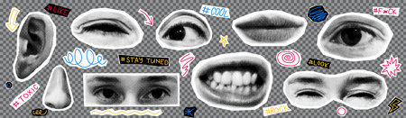 Decorative set of collage elements. Halftone lips, eyes, nose, ear isolated on checkered background. Vector illustration with halftone elements for decoration of retro banners and vintage posters.のイラスト素材