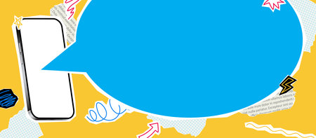 Collage with phone and speech bubble. Vector illustration with halftone elements for decoration of advertising, promotion or announcing events. Retro banner concept with cut out paper elements.のイラスト素材