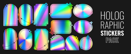 Set of holographic retro futuristic stickers with frames. Vector illustration with iridescent foil adhesive film with frames in y2k style. Holographic futuristic simple shapes with stars.のイラスト素材