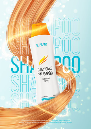 Ad poster of hair shampoo or conditioner. 3d vector illustration of cosmetic product. Realistic bottle and hair strands for promotion of female shampoo. beauty product advertising.のイラスト素材