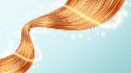 Banner for presentation cosmetic products. 3d vector illustration with realistic hair strands on blue background. Vector element for hairdresser salons, cosmetics, shampoo or conditioner package.のイラスト素材