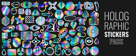 Set of holographic retro futuristic stickers. Vector illustration with iridescent foil adhesive film with symbols and objects in y2k style. Holographic futuristic labels.の写真素材