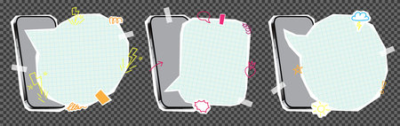 Set of collage elements with phones and speech bubbles. Vector illustration with halftone elements for decoration of advertising or events. Retro banner concept with cut out paper elements.のイラスト素材