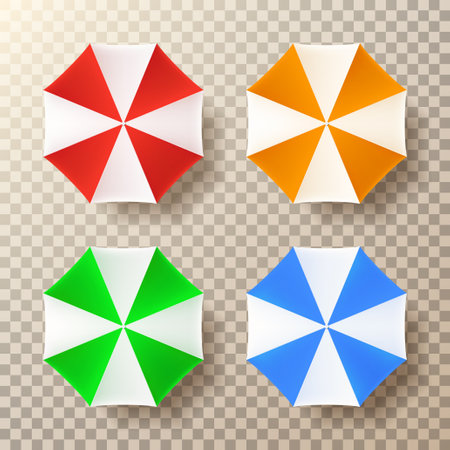 Set of summer beach umbrellas. Vector illustration of summer beach umbrellas. Top view on vector elements isolated on checkered background.のイラスト素材