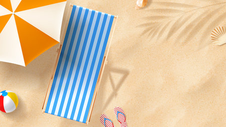 Sunscreen ad banner template. Banner with tube of sunscreen on beach chair on sand with seashells, flip flops, beach umbrella and ball. Vector 3d ad illustration for promotion of summer goods.のイラスト素材