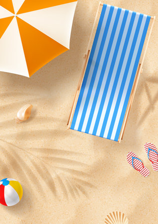 Vector poster of summer beach. Flyer with beach chair on sand with seashells, flip flops, beach umbrella and ball. Vector 3d ad illustration for promotion of summer goods.のイラスト素材