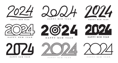 Set of Happy New Year 2024 design. Vector illustration with black numbers 2024 isolated on white background. New Year holiday template. Collection of 2024 happy new year symbolsのイラスト素材