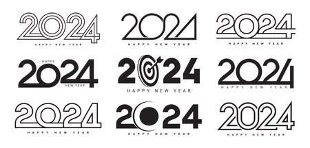 Collection of Happy New Year 2024 symbols. Vector illustration with black numbers 2024 isolated on white background. New Year holiday template. Set of Happy New Year 2024 design.のイラスト素材