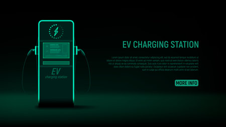 EV charging station concept. Vector illustration with green glowing electric charging station for EV cars. Eco-friendly energy concept.のイラスト素材