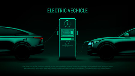 EV cars at charging station. Vector illustration with green silhouette of electric cars and charging station. Eco-friendly sustainable energy concept. Banner with modern hybrid auto.のイラスト素材