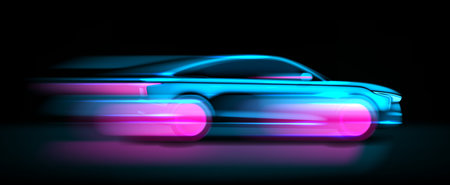 Moving neon glowing sport car silhouette. Vector illustration with side view on high speed moving car with glowing silhouette. Concept of modern and fast electric vehicle.のイラスト素材