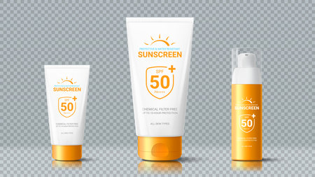 3d templates of cosmetic bottles and tubes. 3d bottle and tubes of sunscreen cream isolated on checkered background. 3d packages for promo of cosmetic goods. Realistic vector mockup of skincare products.のイラスト素材
