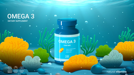 Template of fish oil ad. Vector illustration of advertisement of omega 3 supplements with bottle of supplement underwater with corals, seaweed and air bubbles. Ad mockup of dietary supplements.のイラスト素材