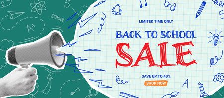Promo banner for Back to school sale. Vector collage with halftone hand and loudspeaker, cut out speech bubble and doodle elements. Retro banner concept for Back to school sale.のイラスト素材