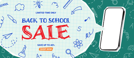 Promo background for Back to school sale. Vector collage with cut out speech bubble and phone with blank display, doodle elements. Retro banner concept for Back to school sale. discount offer.のイラスト素材