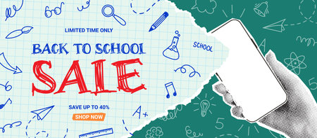 Seasonal banner for Back to school sale. Vector collage with halftone hand holding phone with torn paper, doodle elements. Retro banner concept for Back to school sale. discount offer.のイラスト素材